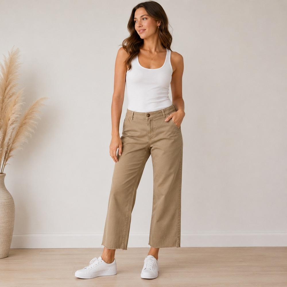 Democracy Ab Solution Khaki Cropped Chino Pants Raw Hem Women's 12
